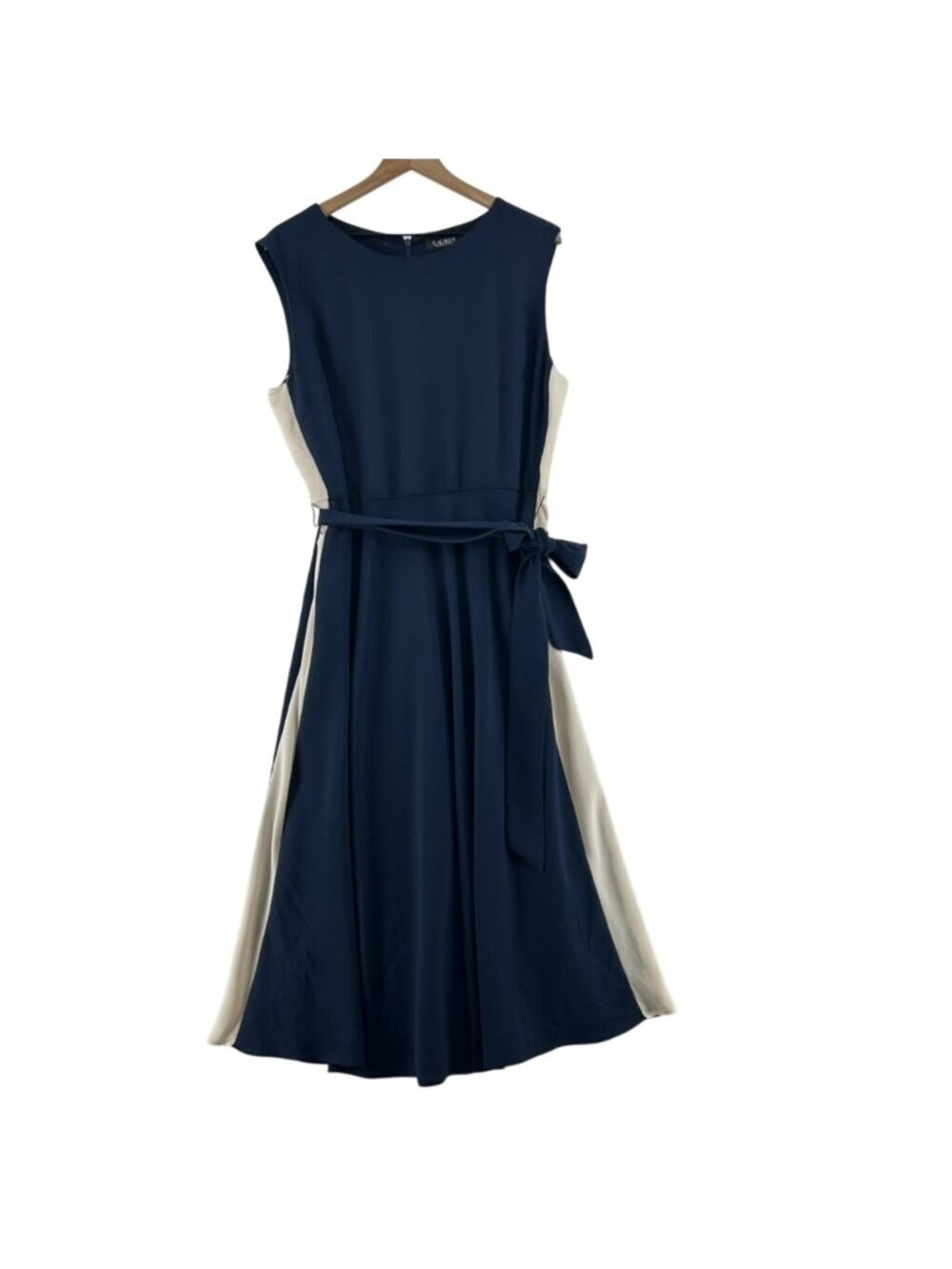 Ralph Lauren Dress Women's Size 16 Navy White Two Tone Sleeveless Belted